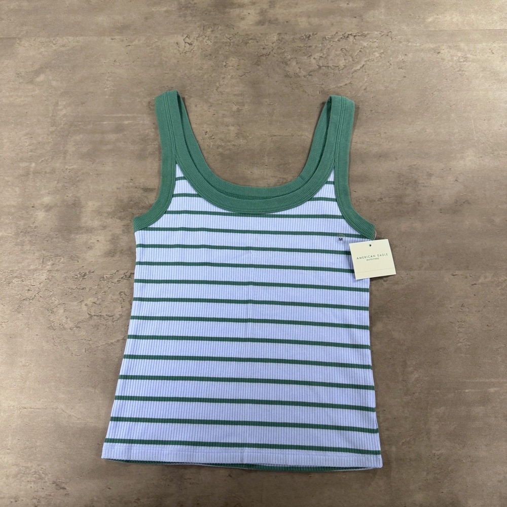 American Eagle Tank Top Womens M Ribbed Blue Green Striped NEW Stretch Cami